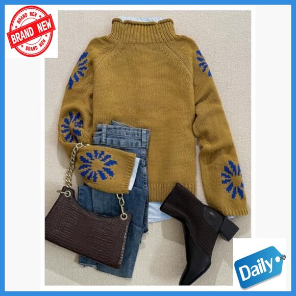 Floral Mock Neck Sweater Long Sleeve Knit Pullover Vintage Tops - Picture 3 of 5